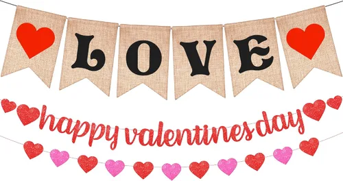 KatchOn, Cartel de feliz día de San Valentín con purpurina, 10 pies, sin bricolaje, pancarta de arpillera para decoraciones del día de San Valentín,