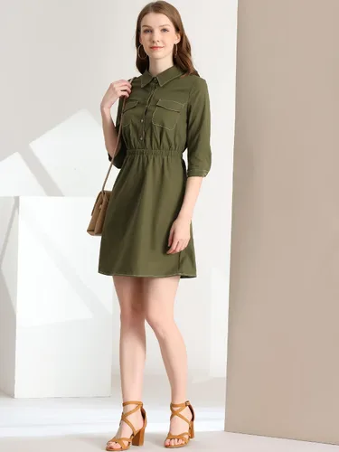 Miniatura 2 de Allegra K Vestido de manga 34 con cuello y cintura elástica para mujer, M