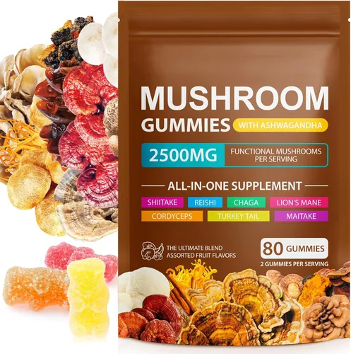 Gomitas de hongos para adultos, suplemento de hongos 10x, energía, concentración, apoyo al estado de ánimo y cognitivo, vegano, inmunológico, apoyo