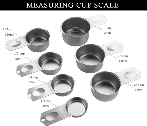 Miniatura 3 de Juego de 7 tazas medidoras de acero inoxidable apilables y resistentes para ingredientes secos y líquidos plateado