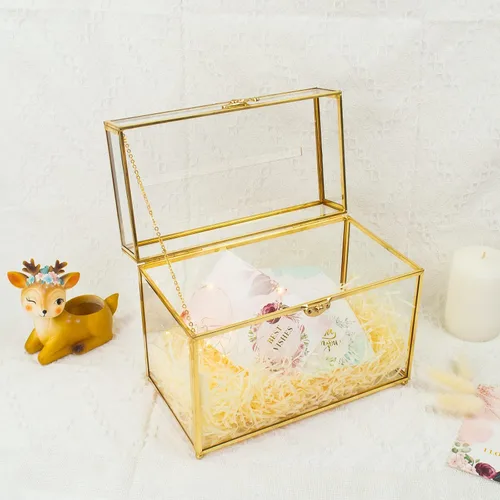 Miniatura 8 de YIMORENCE V Tarjetero de cristal dorado – Caja de sobres de boda con forma rectangular con ranura y pie, perfecto para recepción y centro de mesa