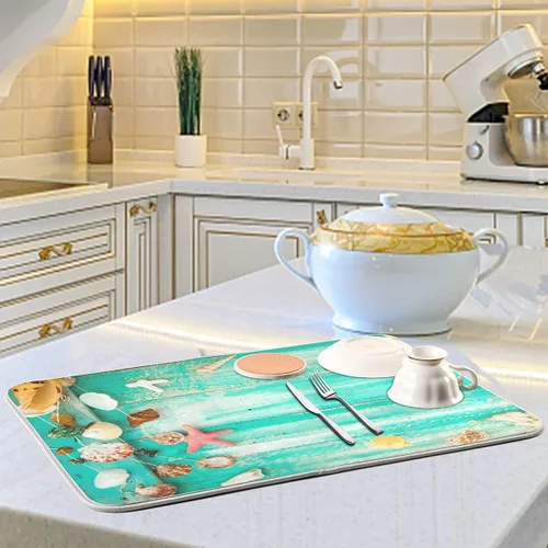 Miniatura 6 de Tapete absorbente para secado de platos para encimera de cocina, conchas verdes en la tabla de madera, almohadilla de secado de microfibra, 27