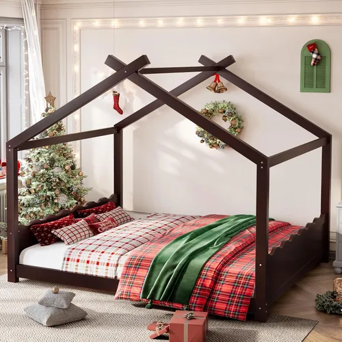 Miniatura 12 de Camas de madera Montessori tamaño individual, cama de plataforma para niños con cabecero y estribo, cama de tienda de campaña, no necesita somier