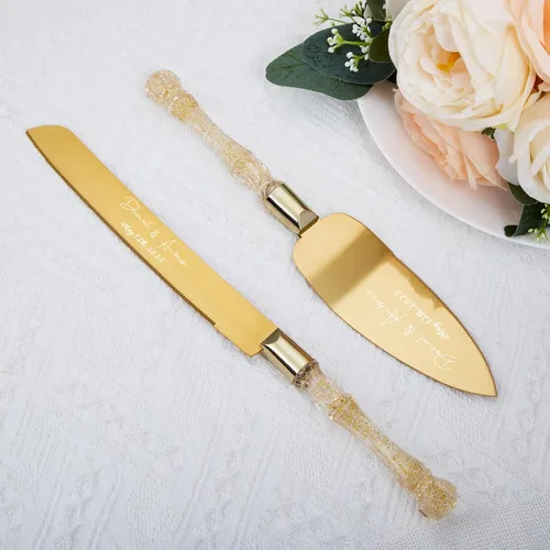 Miniatura 8 de Juego de cuchillo personalizado para tartas y servidor, cuchillo y servidor para tartas doradas, cubiertos de boda personalizados para una ceremonia