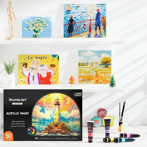 Miniatura 8 de Juego de pintura acrílica de 30 colores Shuttle Art, tubos de 36 ml con 3 pinceles, pintura acrílica de grado artista, para niños, adultos