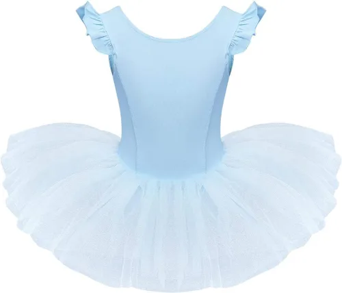 IDOPIP Vestido de ballet con mangas voladas y volantes para niñas pequeñas, tutú con falda de leotardo, bailarina, baile, disfraz de gimnasia