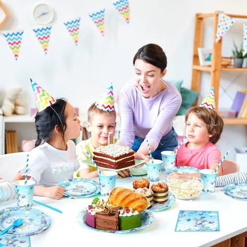 Miniatura 5 de Spakon Juego de 200 piezas de decoración de baby shower, platos de papel para fiesta de elefante, servilletas, tazas y vajilla, juego de vajilla Azul