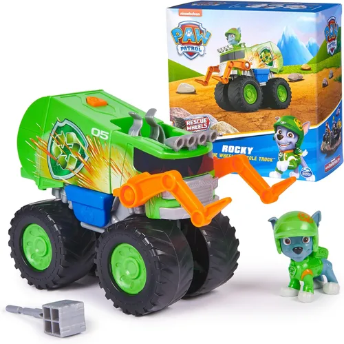 PAW Patrol: Camión de reciclaje de Rescue Wheels de Rocky, camión de juguete con lanzador de proyectiles y figura de acción coleccionable, juguetes