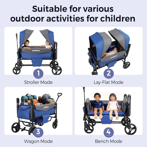 Miniatura 10 de MOMFANN Vagón Cochecito para 2 Niños, Vagón Cochecito Plegable con Toldo, Organizador para Padres de Todo Terreno, Asa Ajustable y Barra de Tracción