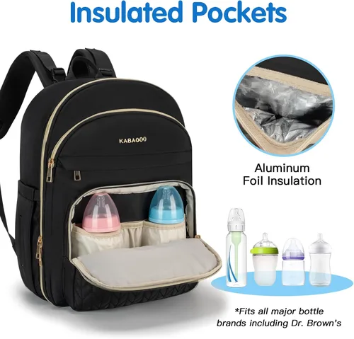 Miniatura 3 de KABAQOO Mochila para pañales de bebé, mochila impermeable para pañales para mamá y papá con cambiador, bolsillos aislados y correas para cochecito