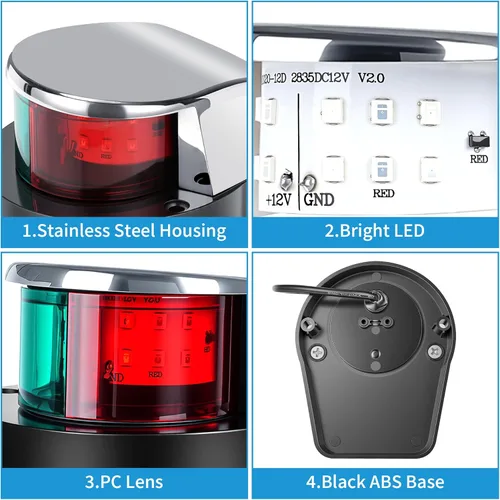 Miniatura 7 de Obcursco luces de navegación para barco, luces LED marinas rojas y verdes para la proa, IP67 impermeable, resistente a la oxidación, ideal