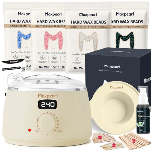 Maxpearl Kit de depilación sin colofonia para mujeres y hombres, respetuoso con la piel sensible, calentador de cera digital con olla de silicona,