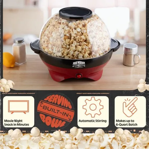 Miniatura 3 de Máquina eléctrica de palomitas de maíz de 800 W, capacidad de 6 cuartos de galón, agitador integrado y cuenco para servir (rojo)