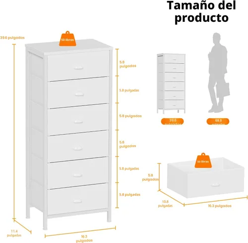 Miniatura 3 de Furnulem - Cómoda alta blanca para dormitorio, unidad de almacenamiento vertical y mesa auxiliar con 6 cajones de tela, mueble de mesita de noche
