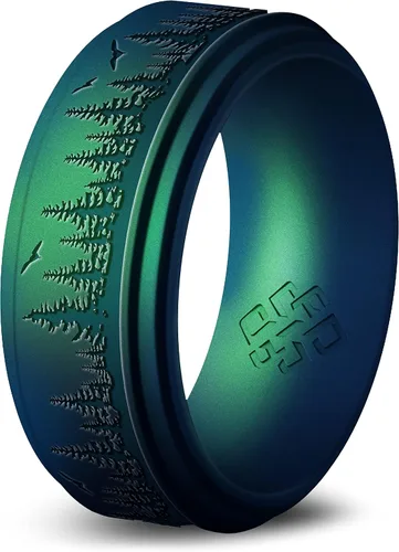 Miniatura 27 de Knot Theory Anillo de silicona para hombre, grabado de montaña, ondas, bosque, ancho de banda de 0.315 pulgadas, transpirable, ajuste cómodo