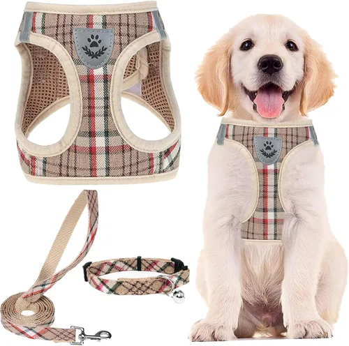 Pupteck Arnés, collar y correa ajustables, sin tirones, para perros pequeños y medianos, cachorros y gatos, pechera reflectante acolchada de malla
