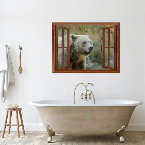 Miniatura 4 de wall26 Adhesivo decorativo para pared, diseño de oso y mariposa fuera de una ventana abierta, no se pega ni se pega, papel tapiz no tejido