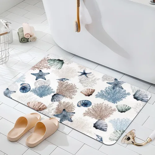 MEHOFOND Alfombras de baño náuticas de 20 x 32 pulgadas, diseño de coralino, estrellas de mar y océano, antideslizantes, color azul marino,