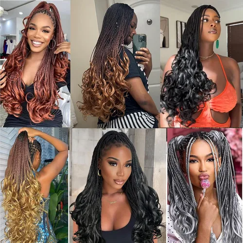 Miniatura 6 de Trenzas de ganchillo con rizos franceses, trenzas de caja de diosa bohemias, cabello trenzado francés preenlazado, para mujeres negras (14