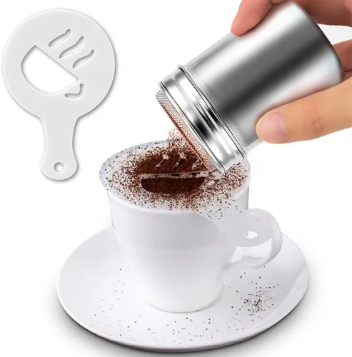 Miniatura 2 de SENHAI - 2 cocteleras de polvo de acero inoxidable, latas de polvo para café, cacao, canela en polvo con tapa, con 16 moldes de impresión