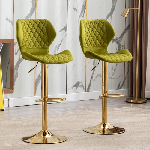 Juego de 2 taburetes de bar de terciopelo ajustables verdes con patas doradas, modernas sillas de bar giratorias para isla de cocina, comedor, bar