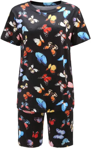 Miniatura 7 de Go Mai Conjunto deportivo de 2 piezas para mujer, conjunto deportivo con lentejuelas y labios y estampado de mariposas y pantalones cortos