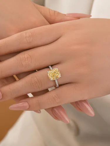Miniatura 25 de Anillo de compromiso de corte cojín de 4 quilates para mujer, piedra blanca/amarilla grado 5A, circonita cúbica S925, plata, amarillo/blanco/oro rosa
