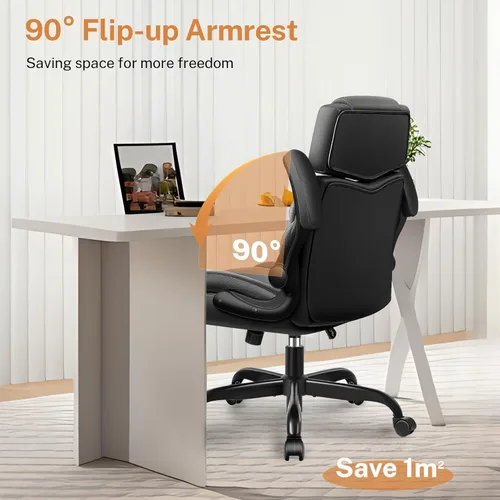 Miniatura 8 de Silla de oficina con brazos abatibles, silla de oficina ejecutiva de cuero ergonómica con soporte lumbar, reposacabezas ajustable, silla de Negro