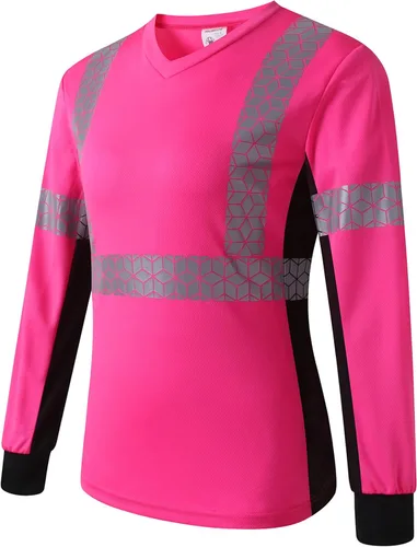 Playera de Seguridad para Mujer, Camiseta Reflectante de Alta Visibilidad para Mujer con Patrón Reflectante Inusual, Manga Corta Transpirable rosa -