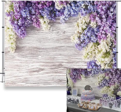 Miniatura 8 de Telones de fondo para fotografía de tablones de madera de 7 x 5 pies, flores moradas lilas, rústico, vintage, pared de madera para recién nacidos