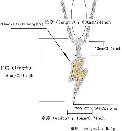 Miniatura 6 de KMASAL Jewelry Iced Out Lightning Pendant Necklace 18K Gold Plated Bling CZ Simulated Diamond Hip Hop Rapper Chain Necklace for Men Women