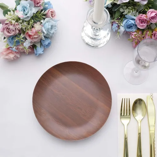 Miniatura 7 de Efavormart - Paquete de 6 platos de postre de melamina marrón rústico de 8 pulgadas, platos de ensalada con estampado de grano de madera resistente