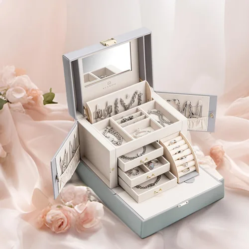 Miniatura 6 de Vlando Organizador de caja de joyería con espejo, caja de almacenamiento de joyería de cuero, collares, aretes, anillos, soportes, soporte de caja