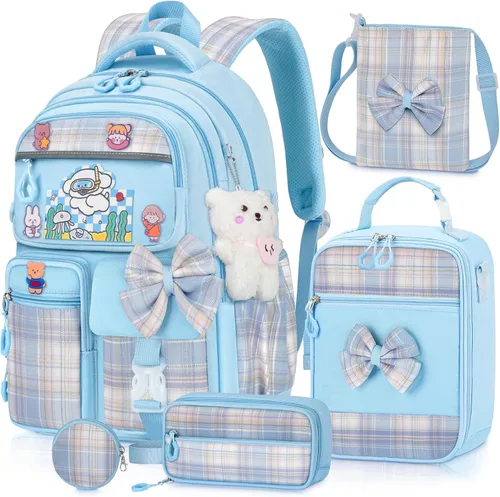 Miniatura 9 de Mochila para niñas con juego de lonchera, 5 piezas, color negro, linda mochila Kawaii para adolescentes, mochila escolar estética para primaria