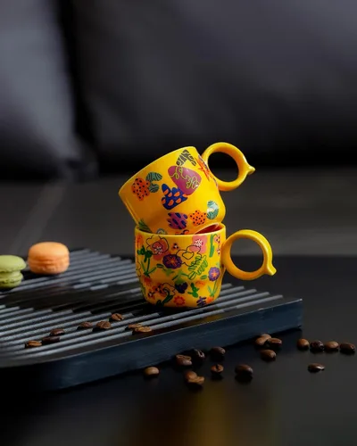 Miniatura 7 de Juego de 2 Tazas de Espresso Mini de Cerámica – 3 oz Tazas de Café Espresso Dobles con Asa en Q, Patrón Floral y de Frutas Amarillo, Pequeñas Tazas