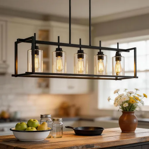 Miniatura 23 de Iluminación de isla de cocina de 4 luces, lámpara cromada para comedor, luz de isla para colgar sobre la mesa para candelabros lineales de granja