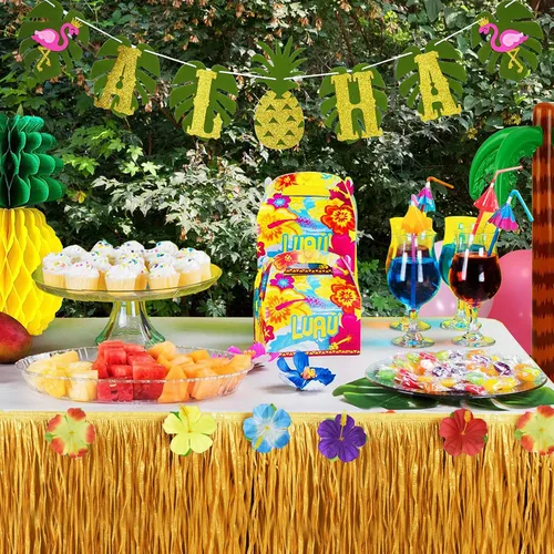 Miniatura 7 de JOPHMO Paquete de decoración de fiesta tropical Luau hawaiana temática de playa, suministros de fiesta Luau (112 piezas) incluyendo pancarta, falda