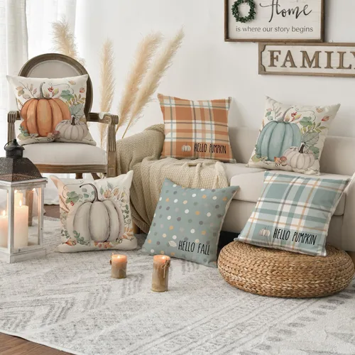 Miniatura 3 de AVOIN colorlife Juego de 4 fundas de almohada de Hello Fall Hello Pumpkin de 16 x 16 pulgadas, cosecha de Acción de Gracias de otoño, decoración