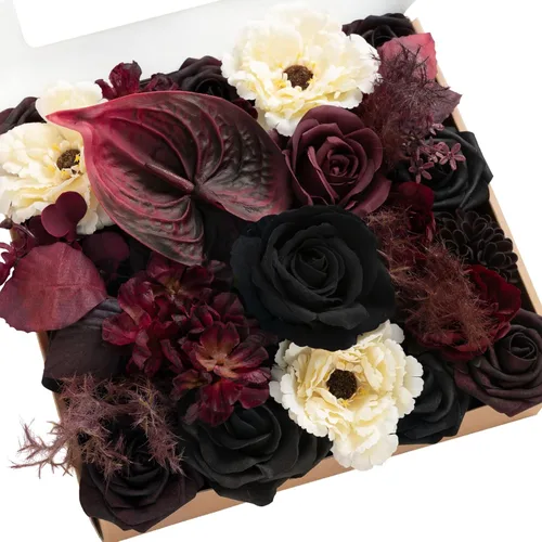 Ling's moment Caja de flores artificiales, tallos de follaje artificial, rosas de espuma, dalias, anturios, hortensias de seda, flores de tela para