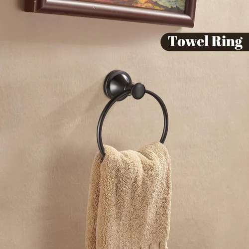 Miniatura 6 de WOLIBEER Portarrollos de papel higiénico de bronce aceitado, juego de 2 piezas de toallero rústico para toallas de mano, anillo de toalla de mano
