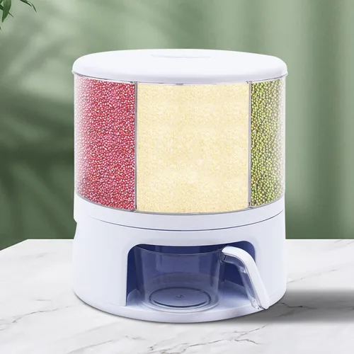 Miniatura 6 de Dispensador de cereales giratorio de 360°, salida de arroz con un solo clic, taza de tanque multigrano redonda visible, contenedor de arroz seco