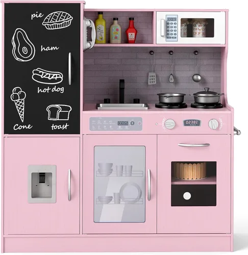 Miniatura 14 de HONEY JOY Juego de cocina para niños de 39 pulgadas, juego de cocina grande de madera con pizarrón, teléfono, utensilios, horno, microondas