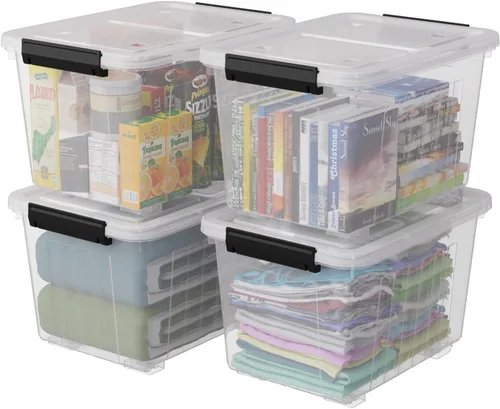 Miniatura 7 de Paquete de 4 cajas de almacenamiento con pestillo transparente de 30 litros, contenedores grandes de plástico con ruedas