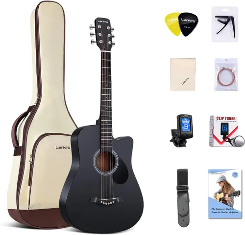 Guitarra acústica negra de 38 pulgadas, kit para principiantes de guitarra acústica para adultos, juego de iniciación con bolsa acolchada, correa,