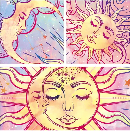 Miniatura 3 de Ohjijinn Tapiz rosa pastel de sol y luna – Celestial ardiente sol estético mariposa teñido anudado colgante de pared para niña, decoración