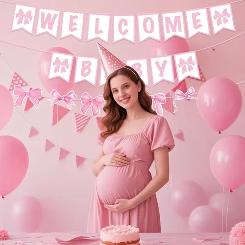 Miniatura 6 de Decoraciones de baby shower, 3 piezas de letrero de bienvenida para bebé, carteles con temática de lazos rosados, suministros para fiesta
