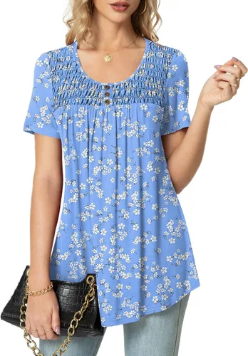 Miniatura 2 de POPYOUNG - Blusa veraniega para mujer, de manga corta, informal y suelta, estilo túnica, con botones y pliegues