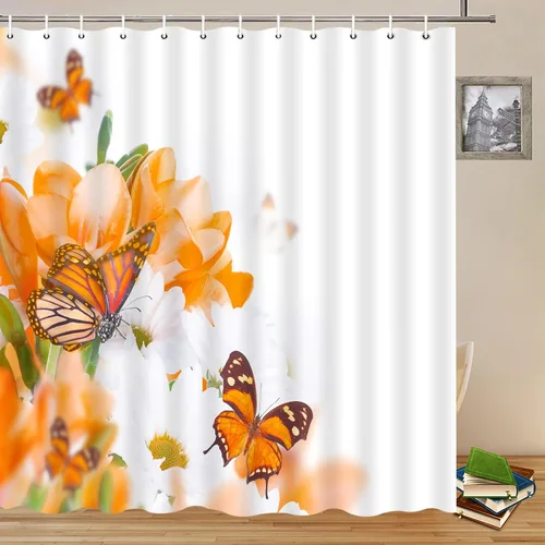 Cortinas de ducha con diseño de flores y mariposas, color blanco y naranja, hermosa creatividad, decoración de baño, tela de poliéster, juego de