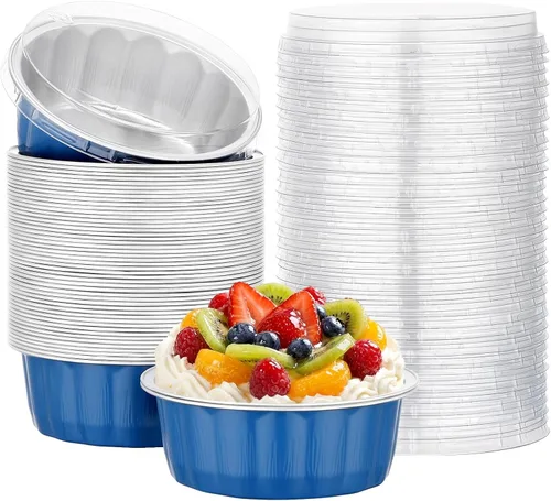 Miniatura 32 de Beasea Ramequines con tapas, 8oz 50 unidades de tazas de aluminio desechables para hornear, tazas de papel de aluminio plateado para creme brulee