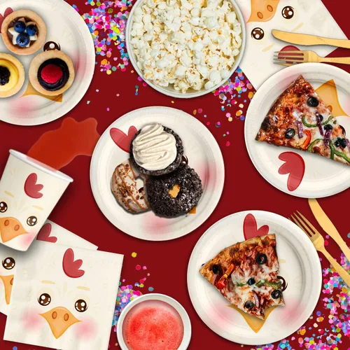 Miniatura 6 de Juego de suministros de fiesta de cumpleaños de pollo, platos, servilletas, tazas, kit de vajilla para 16